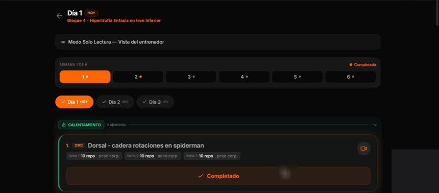 La rutina del día, con series, repeticiones y cada ejercicio marcado como completado